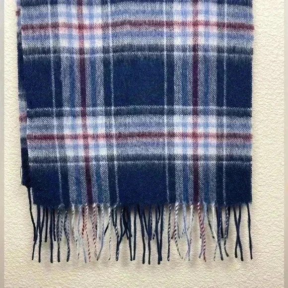 MONOPRIX Unisex One Size 100% Wool Fringe Scarf Blue Plaid Minimalist Essentials - Picture 12 of 13